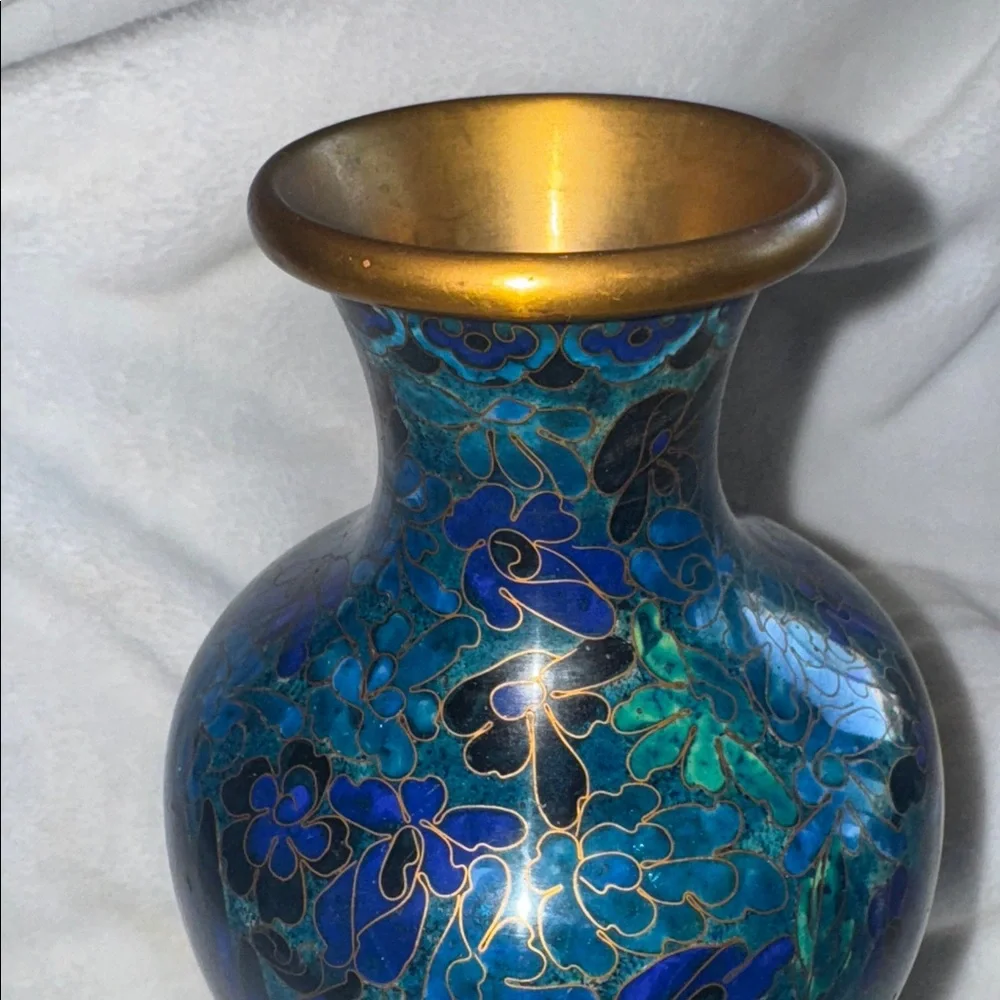 Vintage Chinese Cloisonne Vase Blue Floral Enamel Brass Accents 8 Inch Decor